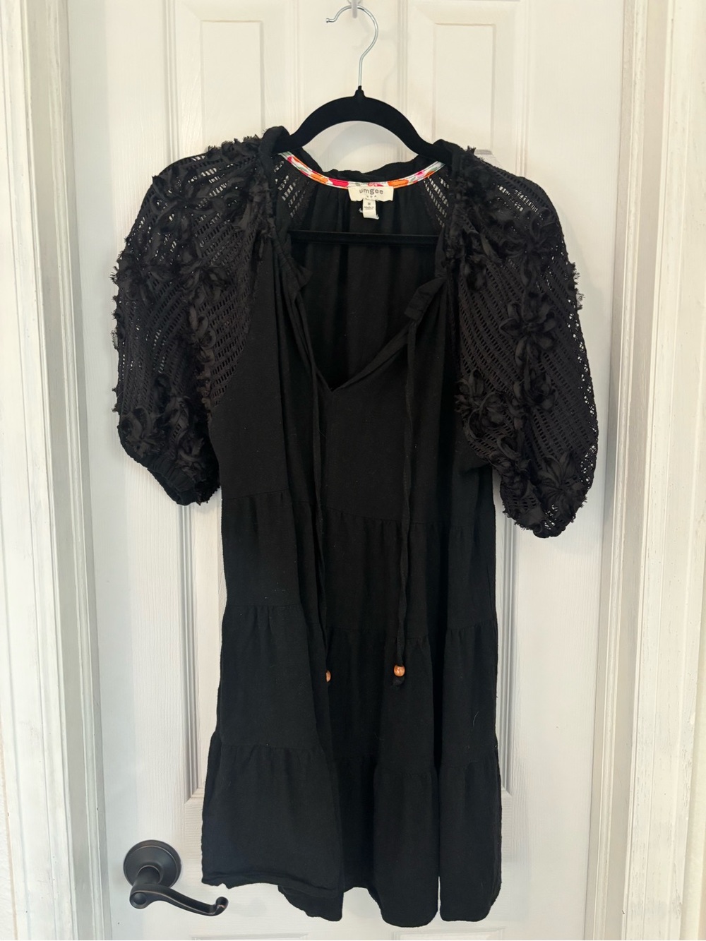 Umgee Black Crochet Puff-Sleeve Tiered Tunic